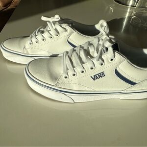 Comfy white leather Vans with blue stripping, size 7